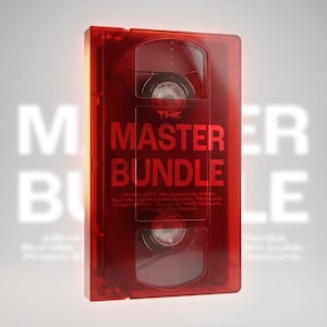 May include: A red VHS tape case with the words "THE MASTER BUNDLE" in red. The case contains a tape reel and additional text below the title. The background is a blurred white with the word "BUNDLE" visible.
