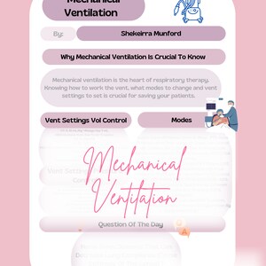 Könnte beinhalten: Eine rosa und weiße Infografik über mechanische Beatmung. Die Infografik enthält den Titel "Mechanische Beatmung" und den Text "Warum mechanische Beatmung wichtig ist". Die Infografik enthält auch ein Diagramm eines Beatmungsgeräts und einer Person, die mechanisch beatmet wird.