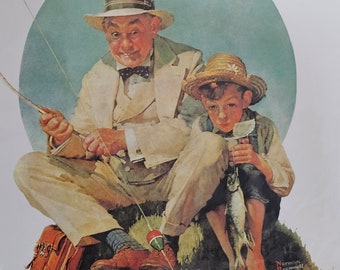 Couverture de poteau de leçon de pêche, grand-père et petit-fils amateur de poissons Norman Rockwell, dépliants en papier d'art, décoration murale, décoration de maison, idée cadeau d'anniversaire