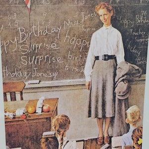 May include: A vintage illustration titled "Teacher's Birthday" depicts a classroom scene. A teacher stands before a chalkboard covered in birthday messages. Students sit at desks, and apples and a flower are on a desk. The artwork is dated March 17, 1956.