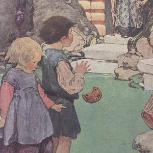 May include: A vintage illustration depicting two children standing before an elderly figure near a stone structure. The child on the left wears a purple dress over a pink shirt, while the other wears a blue vest and shirt. A cookie lies on the ground.