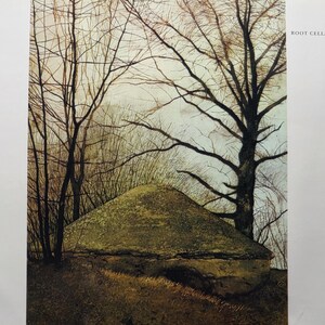 May include: A print depicting a moss-covered, dome-shaped root cellar structure nestled among bare, dark-branched trees against a pale, overcast sky. The text ROOT CELLAR is printed in the upper right corner of the white-bordered rectangular image.