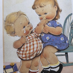 May include: A vintage illustration depicting two children. One is crying, dressed in a plaid outfit and red shoes. The other, in a blue floral dress and black shoes, seems to be comforting the crying child. A toy car is in the background.