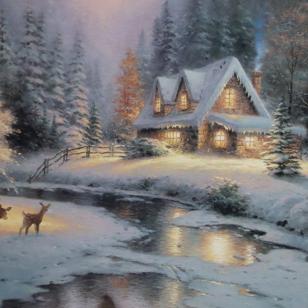 Deer Creek Cottage Thomas Kinkade print artwork light artist wall decor Christmas cottage