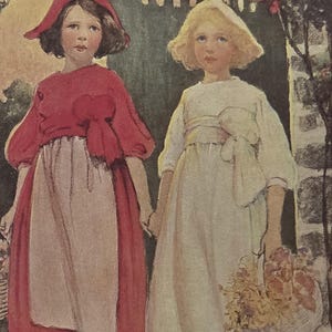 May include: An illustration of two figures standing side by side. One wears a red dress with a matching hood and a light-colored apron. The other wears a white dress with a matching bonnet and carries a woven basket filled with yellow flowers.