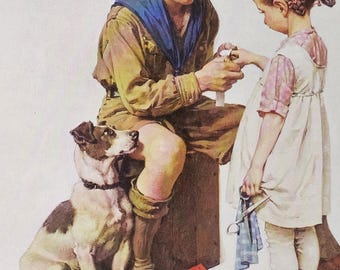 19世紀　版画　少年とハウンドドッグ ノーマン・ロックウェルのポストカード「少年少女救急週間、1926年