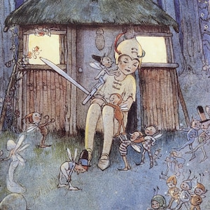 May include: An illustration of a young person in a yellow outfit, holding a sword, surrounded by fairies. A small wooden hut with a thatched roof and lit windows is in the background. The artwork is in a vintage style with a whimsical theme.
