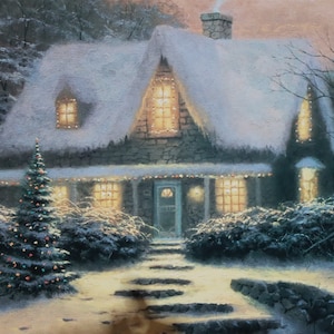 Dekoracja ścienna Christmas Cottage Wigilia Bożego Narodzenia drzewo śnieg wydruk Thomas Kinkade art