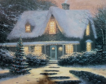 Christmas Cottage Christmas Eve tree snow wall decor print Thomas Kinkade art