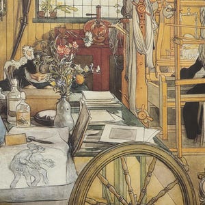 Verkstaden" (The Workshop) vintage domestic moment paper leaflets artist wall decor Swedish painter family life Carl Larsson