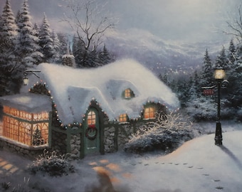 Christmas Cottage Silent Night Thomas Kinkade print wall decor light artist hope art