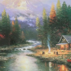 The end of a perfect day II Riverlodge rustic cabin Thomas Kinkade art print