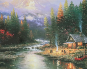 The end of a perfect day II Riverlodge rustic cabin Thomas Kinkade art print