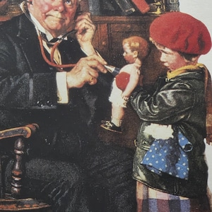 Doctor and doll little girl make believe post cover Norman Rockwell print art paper leaflets home decor birthday gift ideas