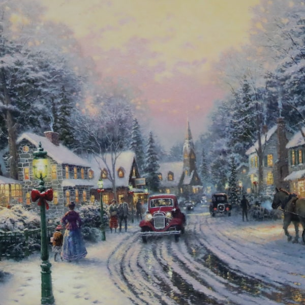 Décoration murale d'art d'impression Thomas Kinkade, cottage de Noël du village