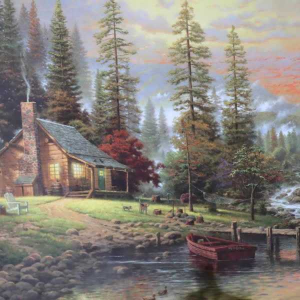 A peaceful retreat fishing boat puppies dog mountain cabin Thomas Kinkade art light art wall decor