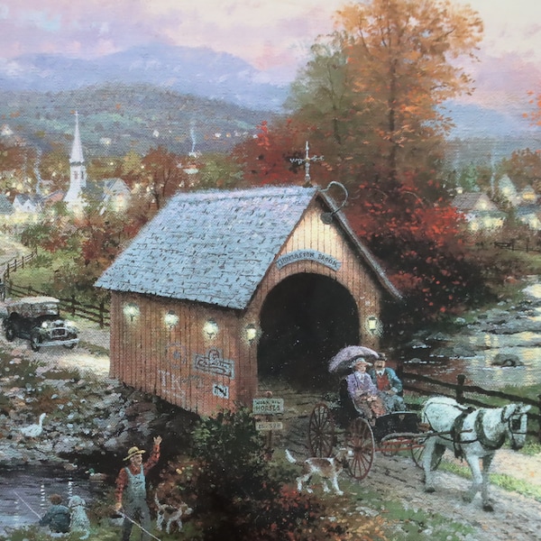 Country Memories The old covered bridge at Thomaston Brook light artist wall decor Thomas Kinkade paper