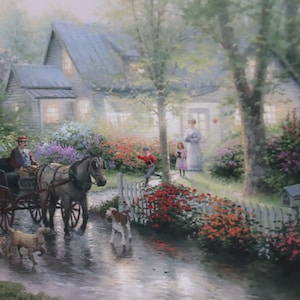 May include: A picturesque painting depicts a horse-drawn carriage on a wet road approaching a house. A man in the carriage is accompanied by two dogs. A woman and two children stand near the house, surrounded by colorful flowers and greenery. The scene evokes a sense of nostalgia.