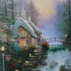 Spokojny zmierzch w Fulbrook Thatch Thomas Kinkade wydruk światło artysta dekoracja dom dekoracja strona ulotka