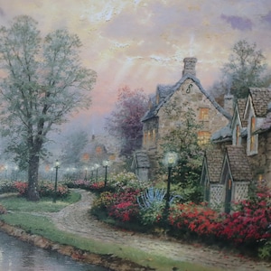 Brooke Windermere i rząd domków o zmierzchu Thomas Kinkade druk światło artysta dekoracja dom strona ulotka