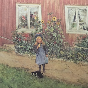 May include: A watercolour illustration depicting a child with blonde hair wearing a blue dress and dark hat, standing on a dirt path in front of a red wooden house. A small black and white cat is nearby, with sunflowers and green foliage visible.