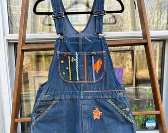 Tripp's Store : One of a kind overalls // Embellished, patched, stitched overalls // 32 X 28
