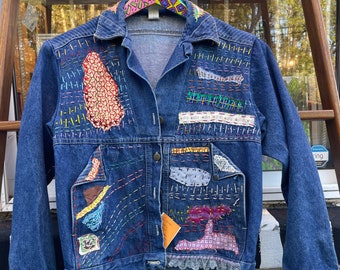 Tripp's Store : Bespoke blue jean jacket // medium // Colorfully stitched and patched one of a kind denim jacket