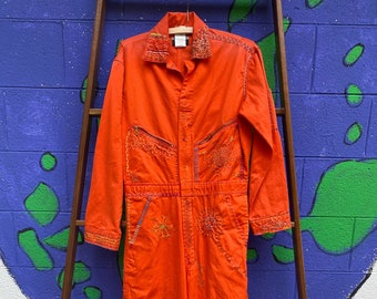 Tripp's Store : Bespoke hand stitched bright orange boiler suit // Men's Size Medium //  One of a kind stitched coveralls