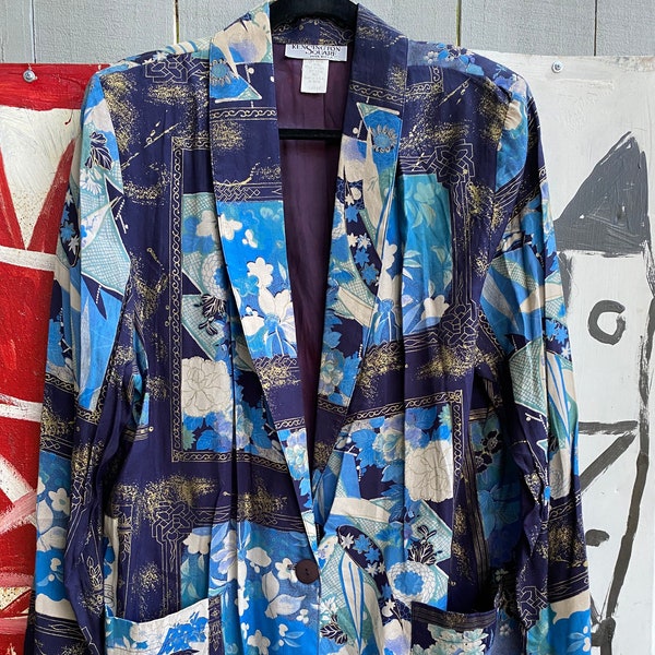 Blue print single breasted blazer jacket // size large // blue Asian patterned jacket