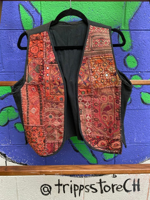 Vintage women's boho brick red patchwork vest // s