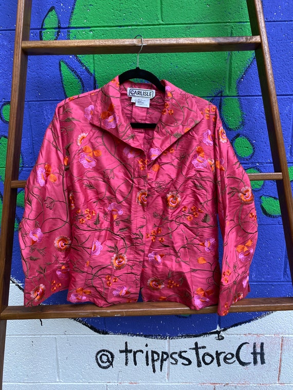 Pink silk embroidered shirt jacket // size 14 // … - image 6