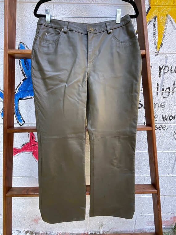 Olive drab green leather jean style pants // size 