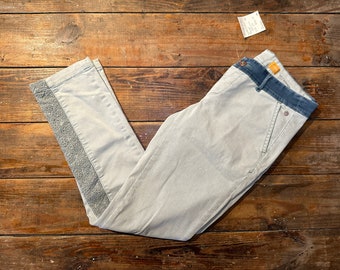 Pilcro and the Letterpress color blocked trousers // size 26 // Pale green and blue jeans with lace insets