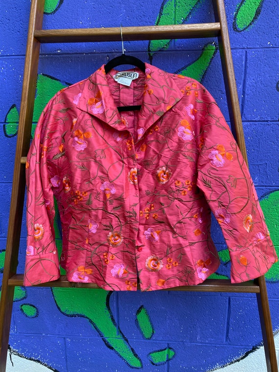 Pink silk embroidered shirt jacket // size 14 // E