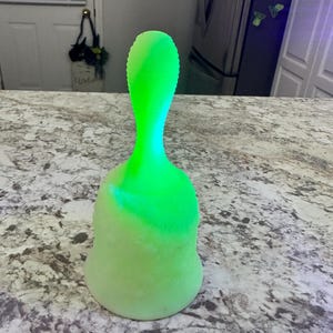 Vintage Fenton Uranium Custard Glass Bell | Daisy & Button Pattern Satin Glass Dinner Bell | UV Blacklight Glow Glass Paperweight Decor