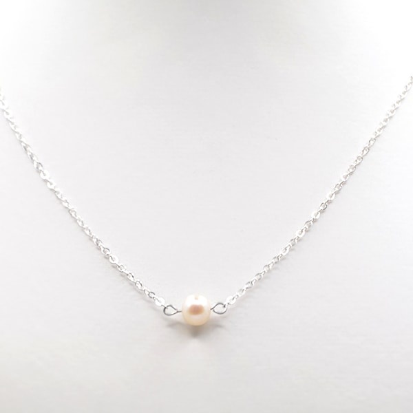 Collier de perles naturelles d'eau douce, minimaliste en acier inoxydable argent/ plaqué or 18 k , collier simple avec une seule perle.