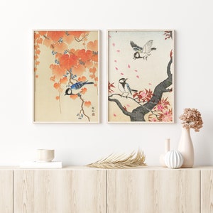 Japanese Wall Art Prints Set of 2,  Printable Wall Art Set of 2, Neutral Beige Set of 2 Wall Art, Nature Wall Prints Bundle, Birds