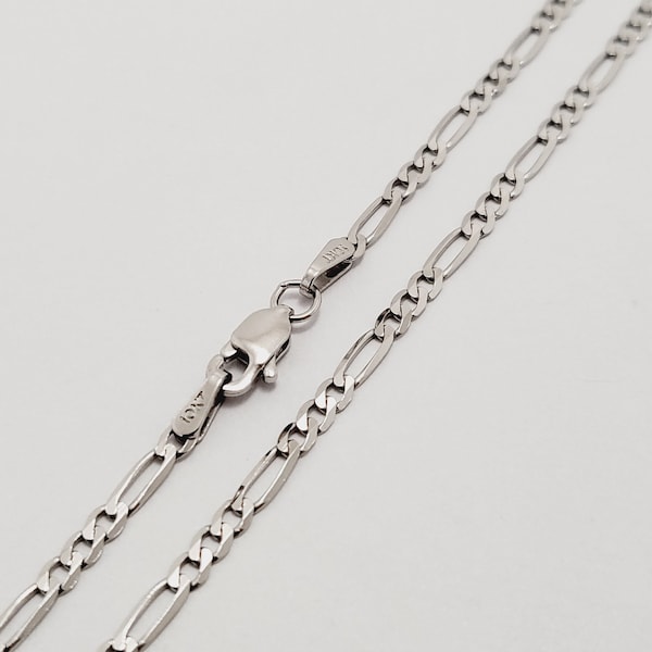 10K Solid Figaro Chain White Gold link Necklace High Polished 2.5mm Size 16"-30" Men Women