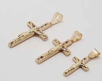 14K Gold Cross Pendant Jesus Christ Crucifix Gold Bead Edge Cubic Zirconia White Stone Real Gold