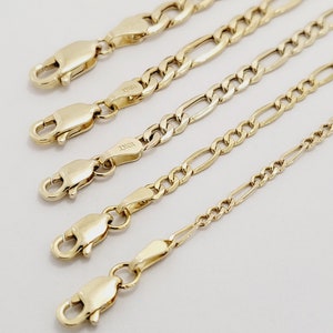 10K Yellow Gold Figaro Link Chain Necklace Hollow 2mm 2.5mm 3.5mm 4.5mm 5.5mm Size 16"-30" and Bracelet Size 7" 7.5" 8" 8.5" 9" Men Women