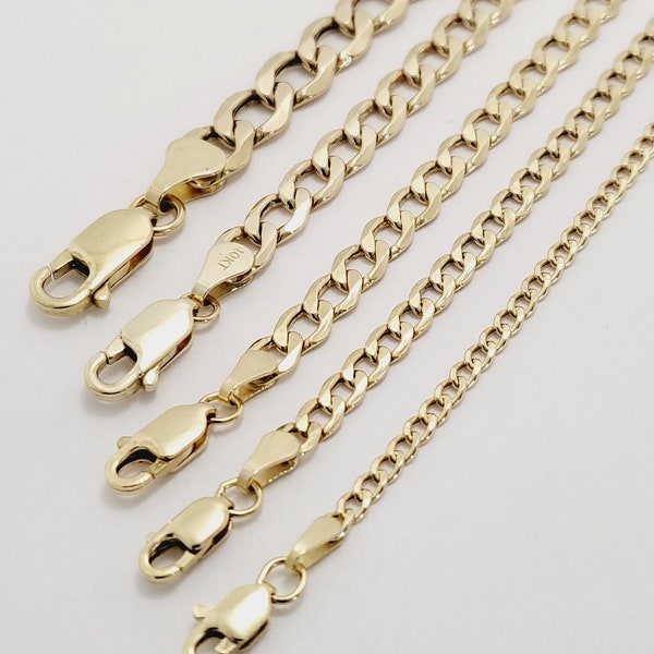 10K Real Yellow Gold Curb Cuban Link Chains Necklace Men's Women's 2.5mm-6.5mm CUSTOM LENGTHS OFFERED 16"-30" Hollow