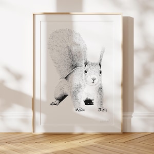Vintage Squirrel Art Printable Black and White Animal Illustration Digital Download Rustic Winter Nursery Decor Scandinavian Style Print