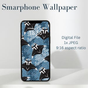 May include: Smartphone wallpaper featuring a repeating pattern of black manta rays on a blue textured background. The phone displays the time and date. The text "Smartphone Wallpaper" is at the top. The digital file is a 1x JPEG with a 9:16 aspect ratio.