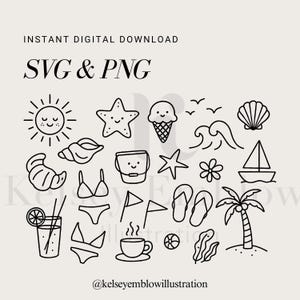 Beachy Doodle SVG & PNG bundle 22 Cute Hand Drawn Beachy Icons Digital Art Cute Clip Art Set Commercial Use
