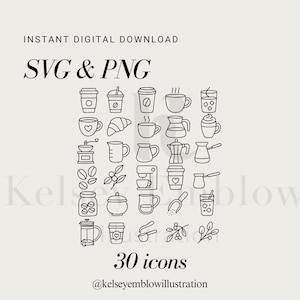 Coffee Doodle SVG & PNG bundle 24 Cute Hand Drawn Line Art Coffee Icons Digital Art Food Clip Art Set Commercial Use