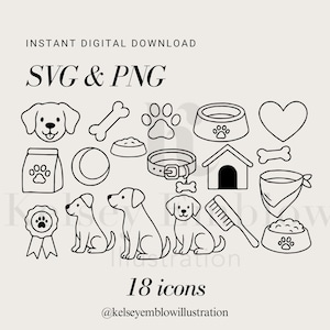 May include: Black and white line art of 18 dog-themed icons, including a dog's face, paw prints, food bowl, dog house, bone, collar, and dog illustrations. Text reads "SVG & PNG" and "18 icons".