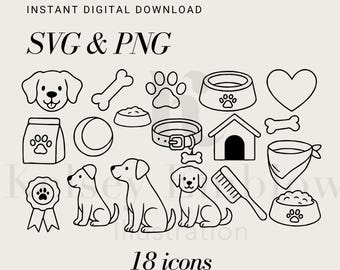 May include: Black and white line art of 18 dog-themed icons, including a dog's face, paw prints, food bowl, dog house, bone, collar, and dog illustrations. Text reads "SVG & PNG" and "18 icons".