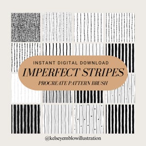 Könnte beinhalten: Eine digitale Download-Grafik mit verschiedenen unvollkommenen Streifenmustern in Schwarz und Weiß. Das Bild enthält den Text "Instant Digital Download" und "Imperfect Stripes Procreate Pattern Brush". Die Muster sind in einem Raster angeordnet.