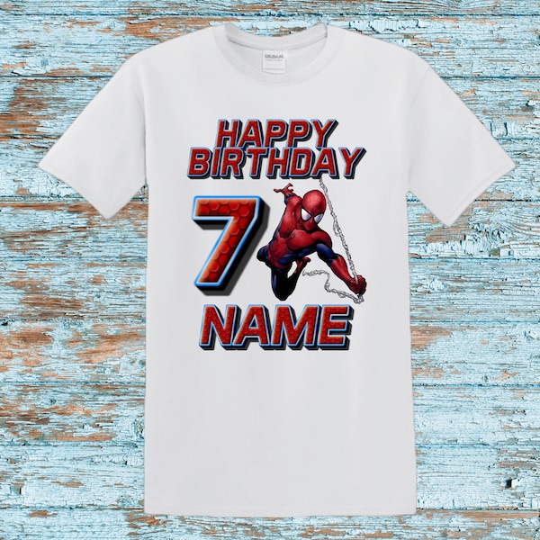 Le nouveau cadeau de t-shirt personnalisé pour fête d'anniversaire pour enfants Spiderman est disponible dans n'importe quel nombre entre 3 et 14 ans.