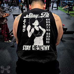 Retro-Fit Gym Shirt – 90s Anime Workout Tee – Stay Fit Stay Healthy – Heavyweight Cotton – Retro Fitness Shirt – Anime Gym Streetwear